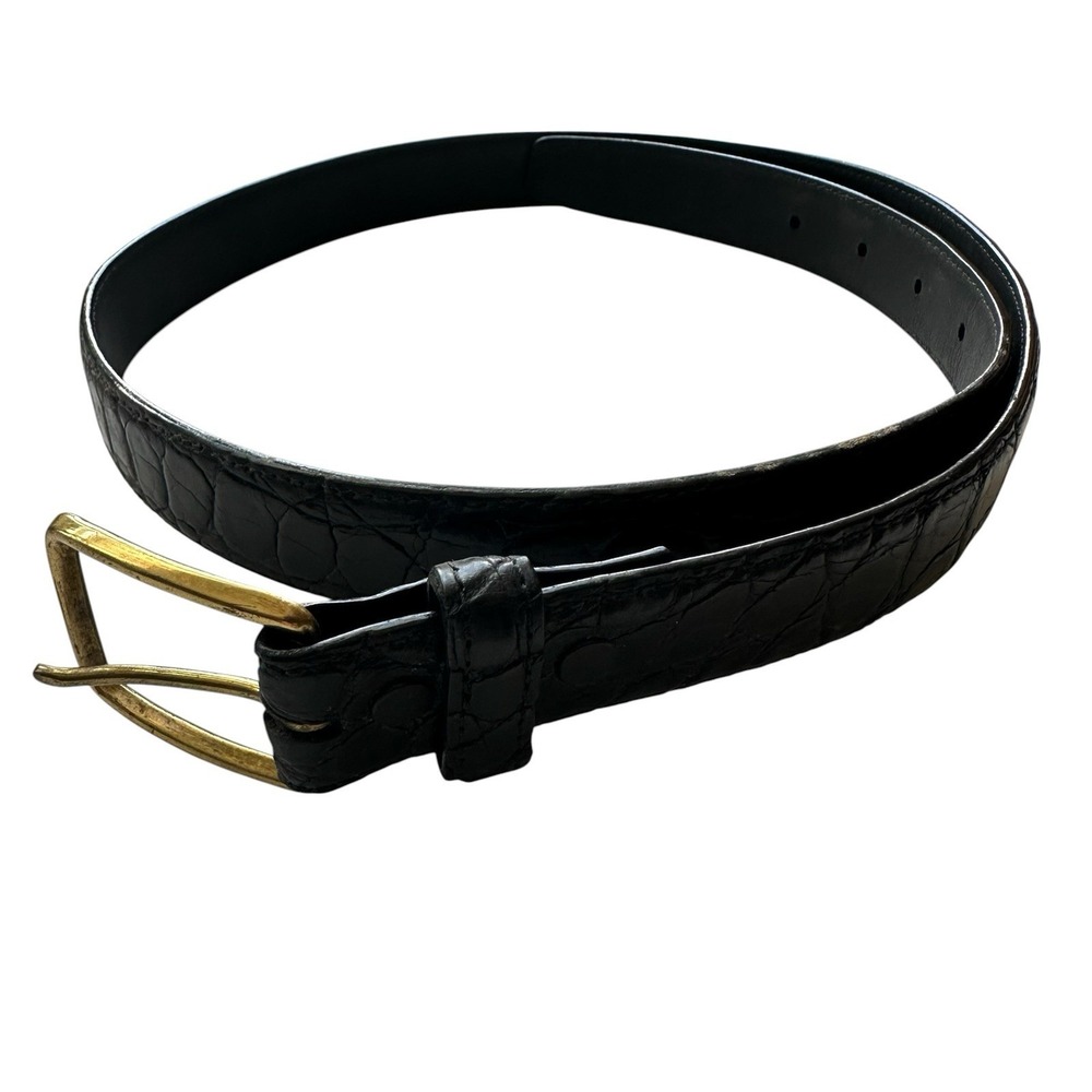 Bespoke Black Genuine Crocodile Brass Buckle Mens Belt Size 34 NWOT